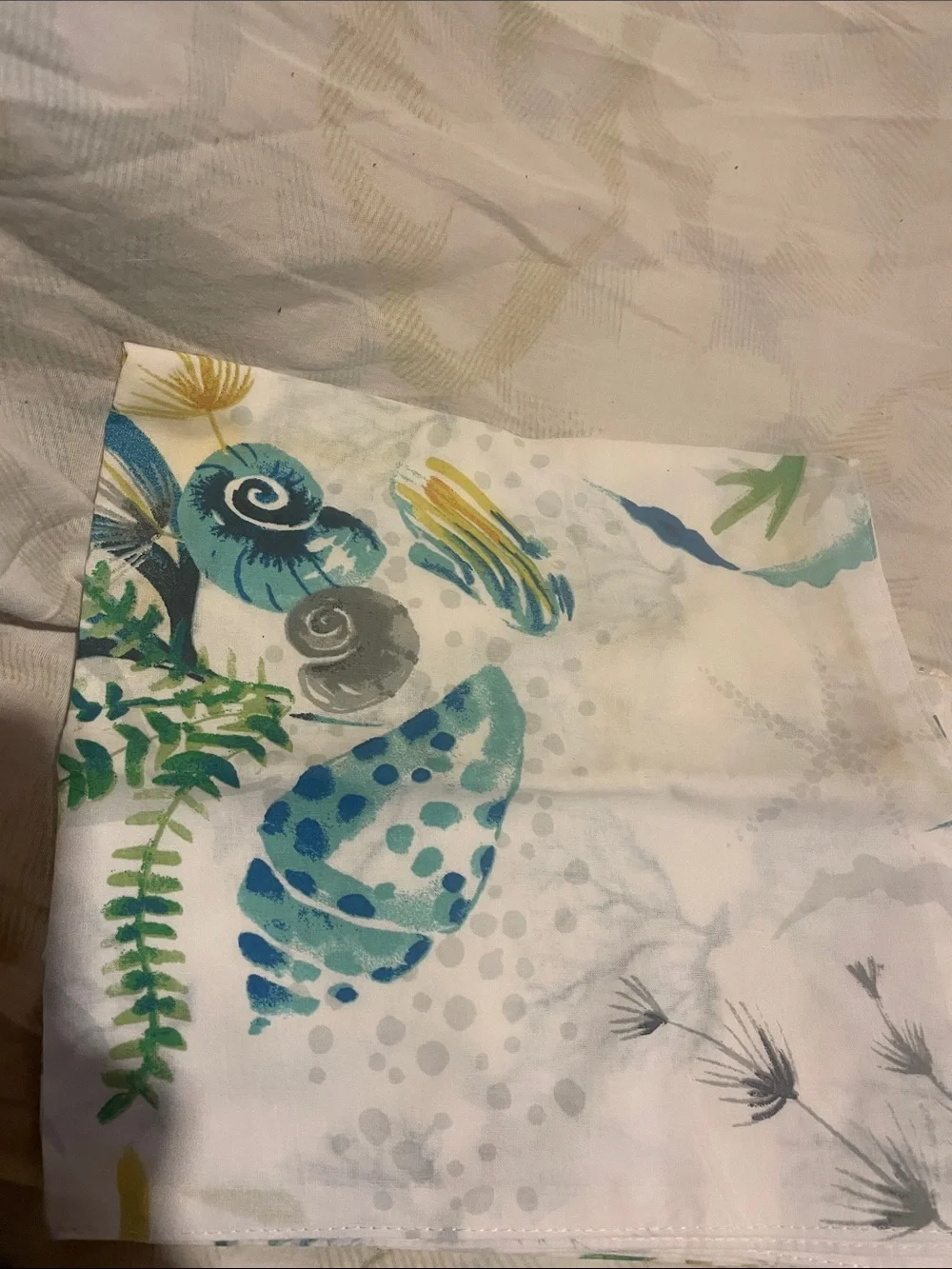 Handcrafted Cotton Napkin with Teal Seaweed Motif and shells . Set of 4